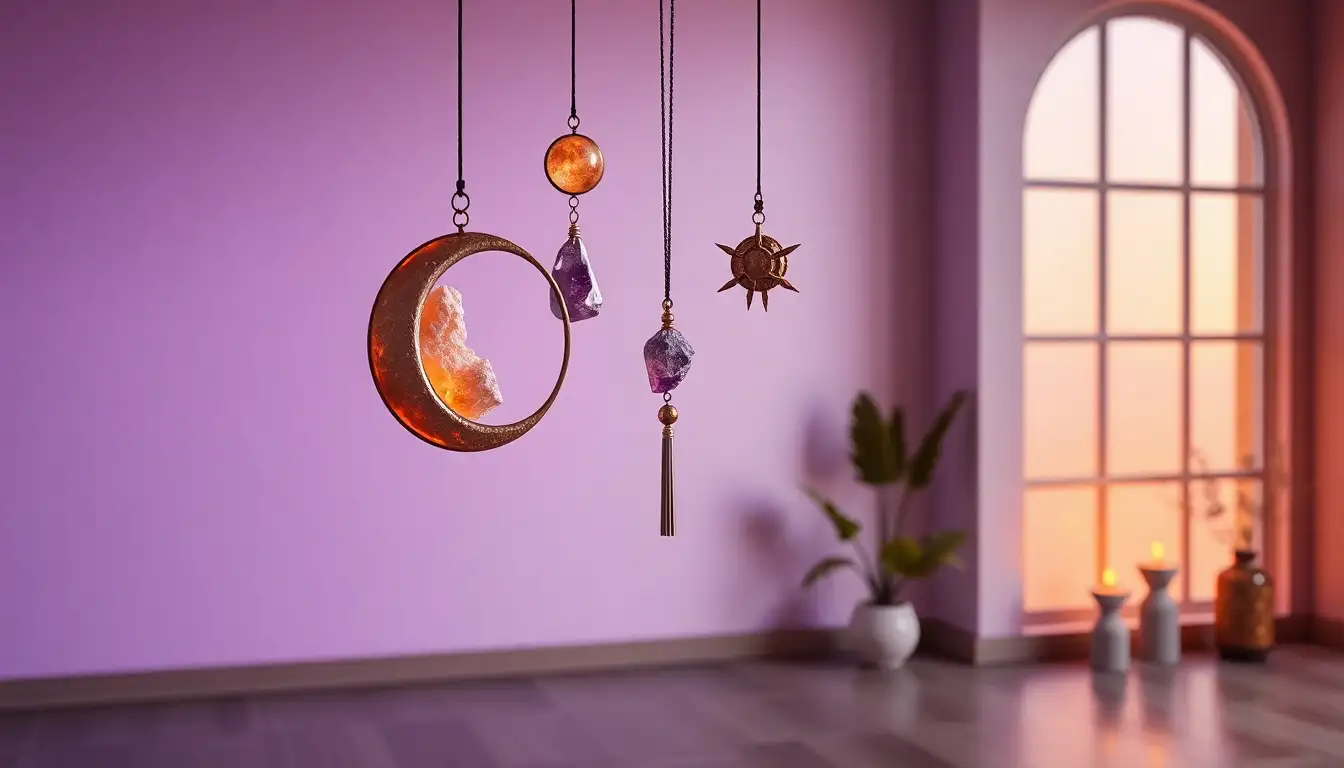 Amethyst crystals and metal moon ornaments hanging in a bedroom