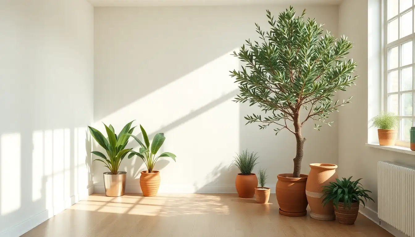 Modern Botanical Room Style An indoor garden room with a large olive tree and green decor accents.