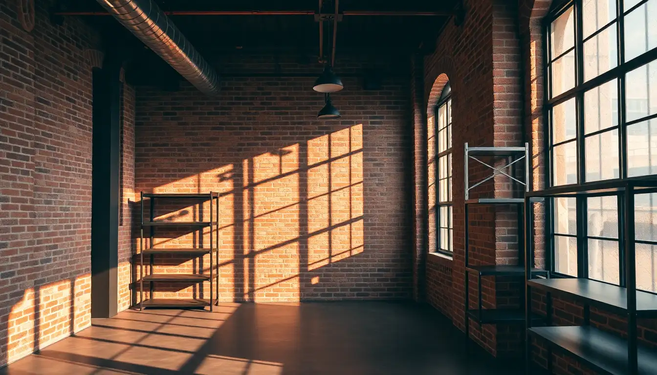 Urban Industrial Room Look An industrial room with brick walls and black metal shelves.