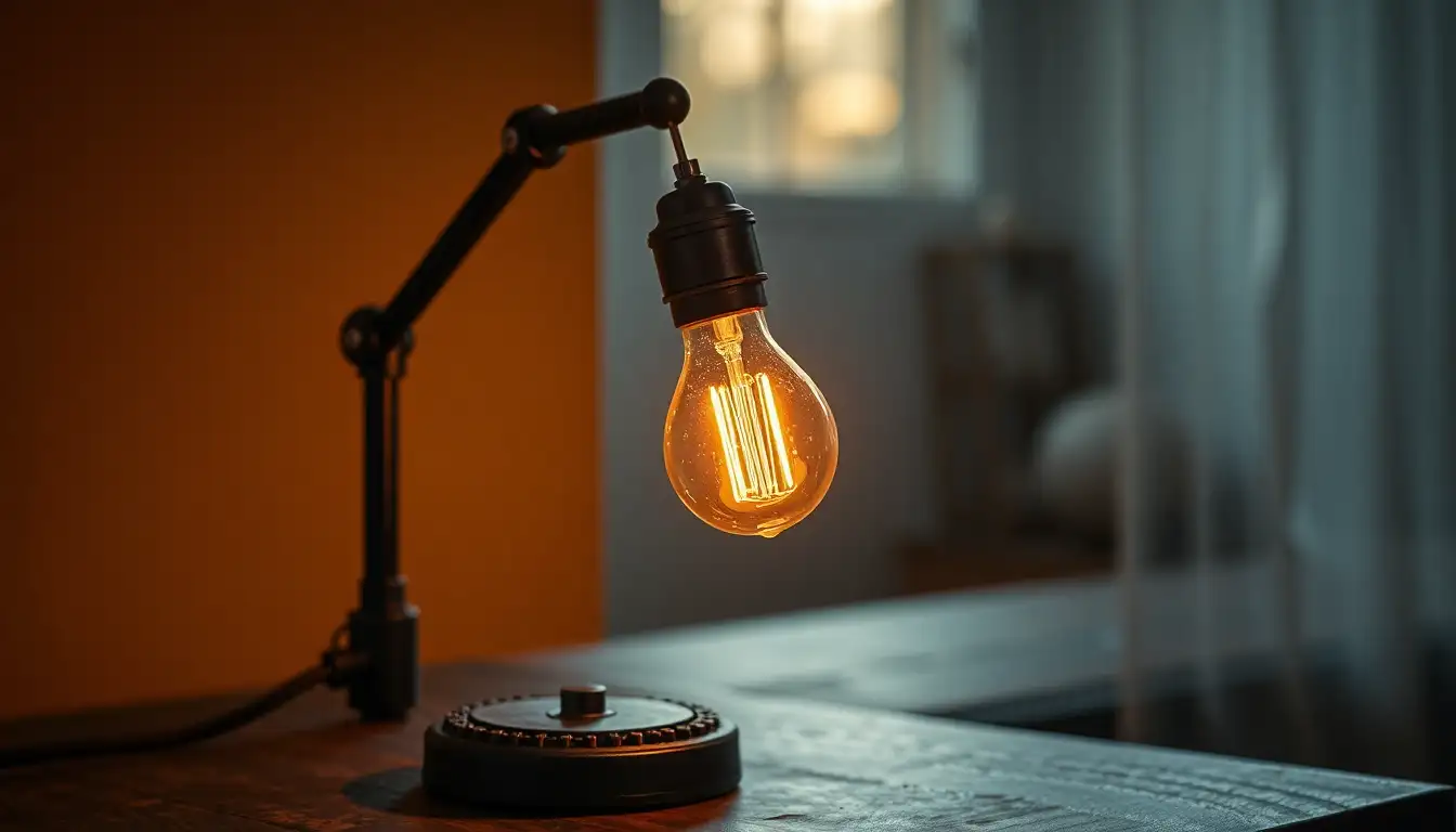 An orange Edison bulb glowing in a black metal lamp