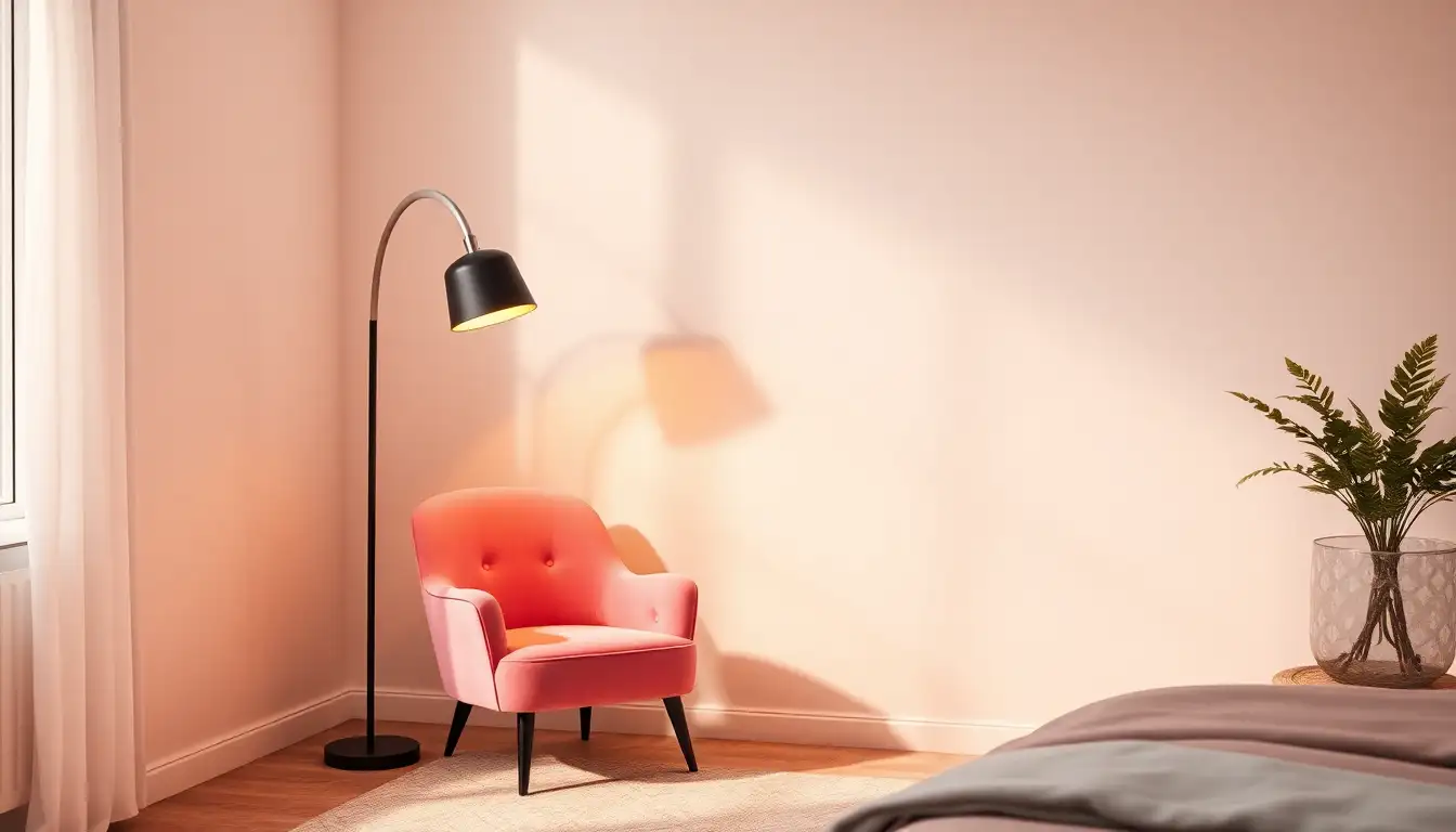 Arched floor lamp lighting a pink velvet chair in a bedroom.