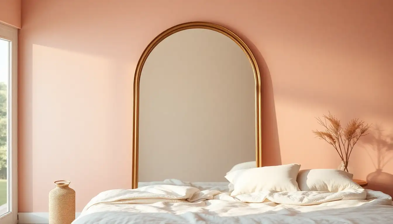 Arched mirror reflecting a pastel pink aesthetic bedroom.