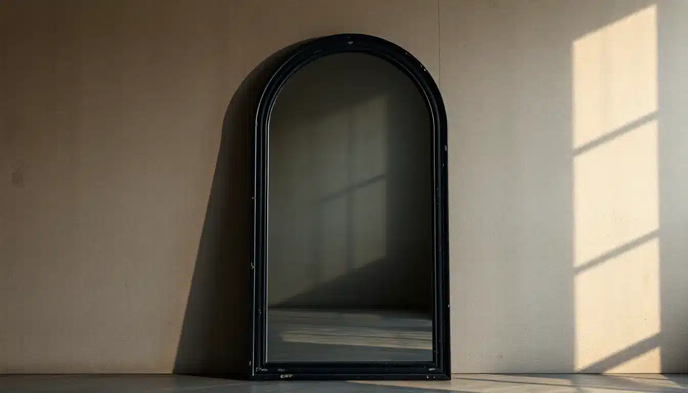 Arched mirror with a matte black frame leaning against a textured concrete wall