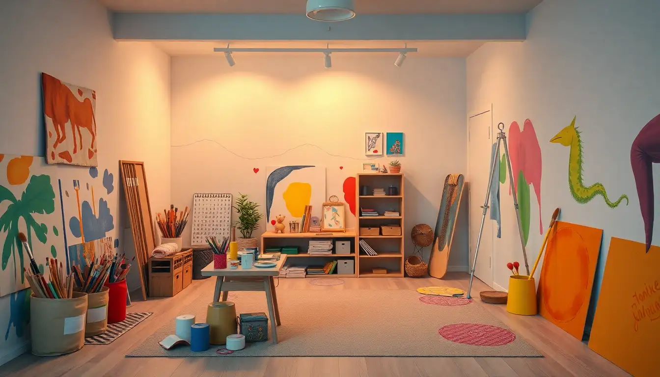 Art corner with vibrant paints and creative mural wall
