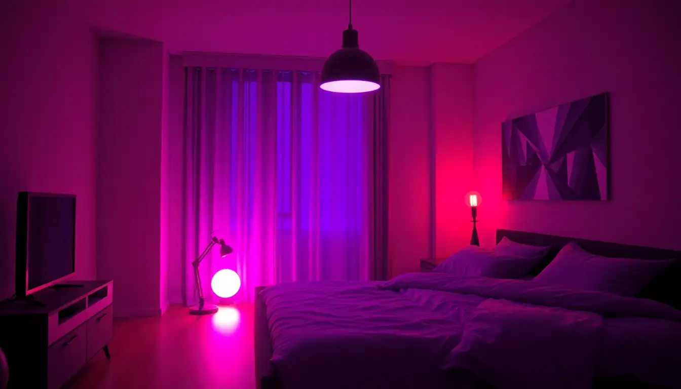 Bedroom desk area glowing with purple and red smart LED lighting for a cyber-grunge style