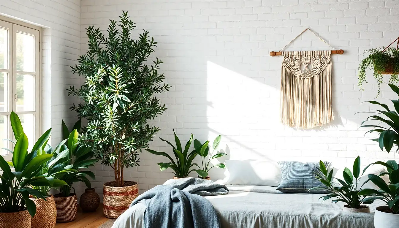 Bedroom filled with green plants and a tall olive tree against a white wall