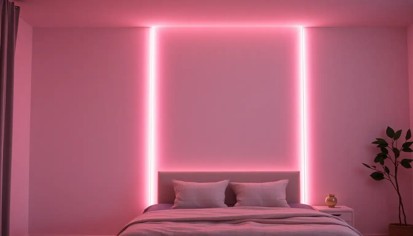 Bedroom wall with pink LED strip lighting creating a warm glow.
