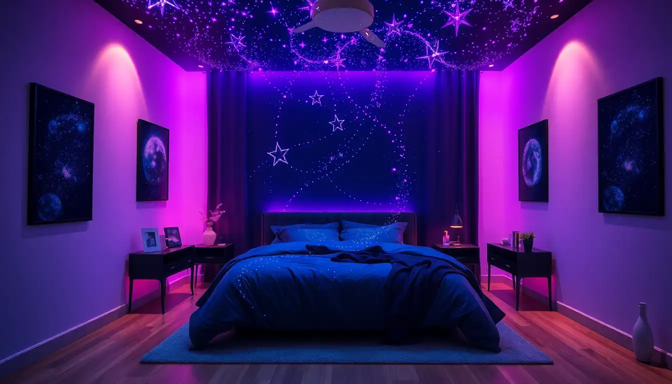 Bedroom with a star projector creating a purple galaxy effect on the ceiling.