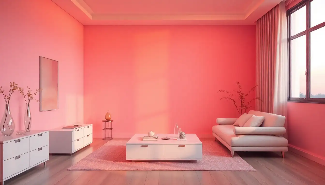 Bedroom with pink and orange sunset lighting effects on white walls
