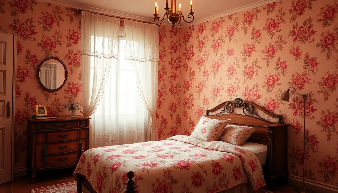 Bedroom with vintage pink floral wallpaper and old wood furniture