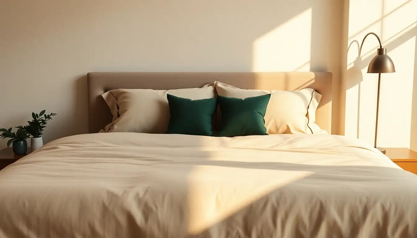 Beige duvet cover on a bed in a dark green room.