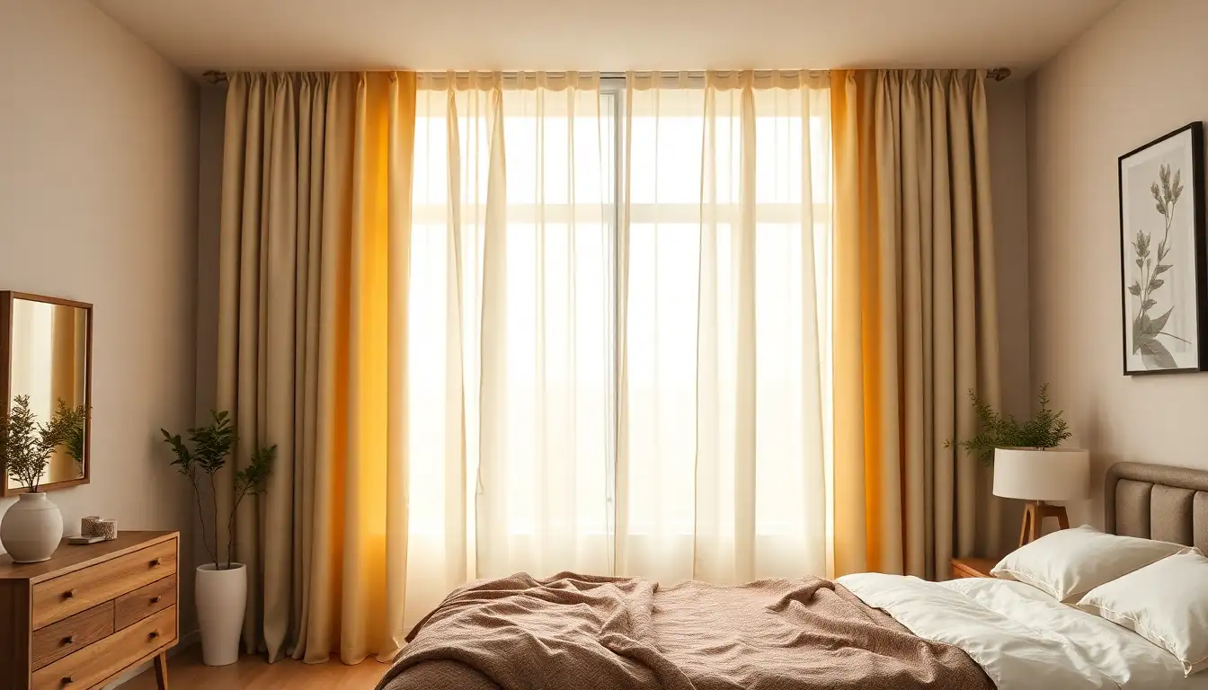 Beige linen curtains hanging over a large window.