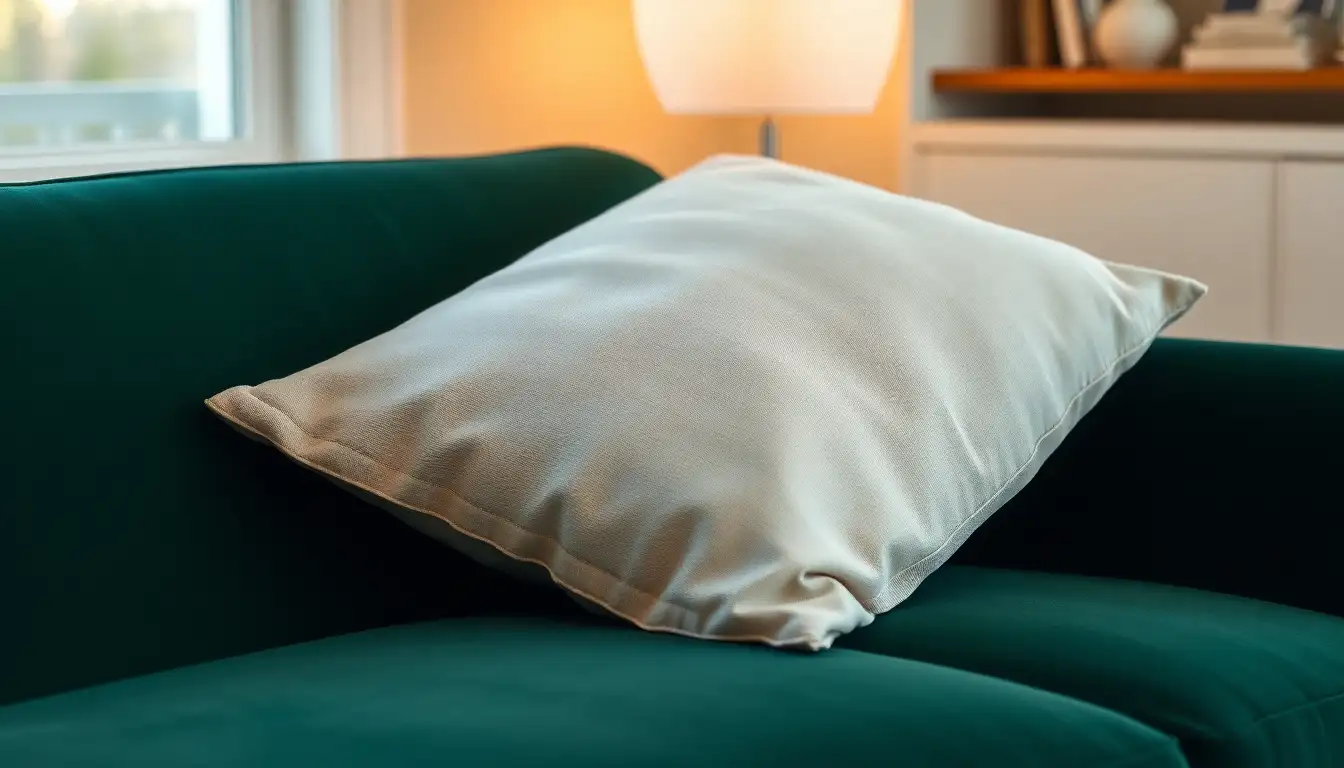 Beige linen pillow on a dark green velvet couch.