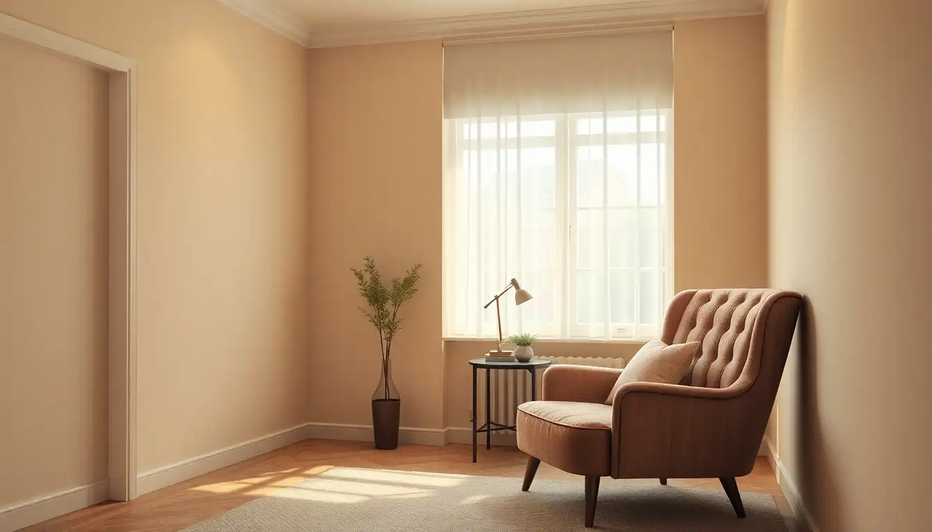 Beige reading nook with velvet armchair and ambient light