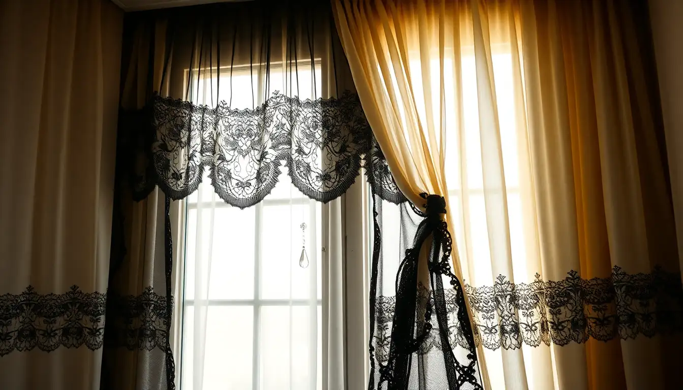 Black lace curtains over a window in a moody room
