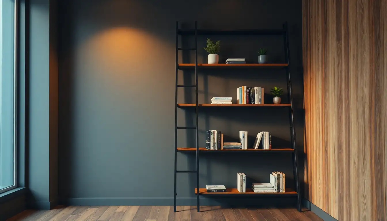 Ladder Bookcase Styling Black ladder bookcase with wooden shelves and books