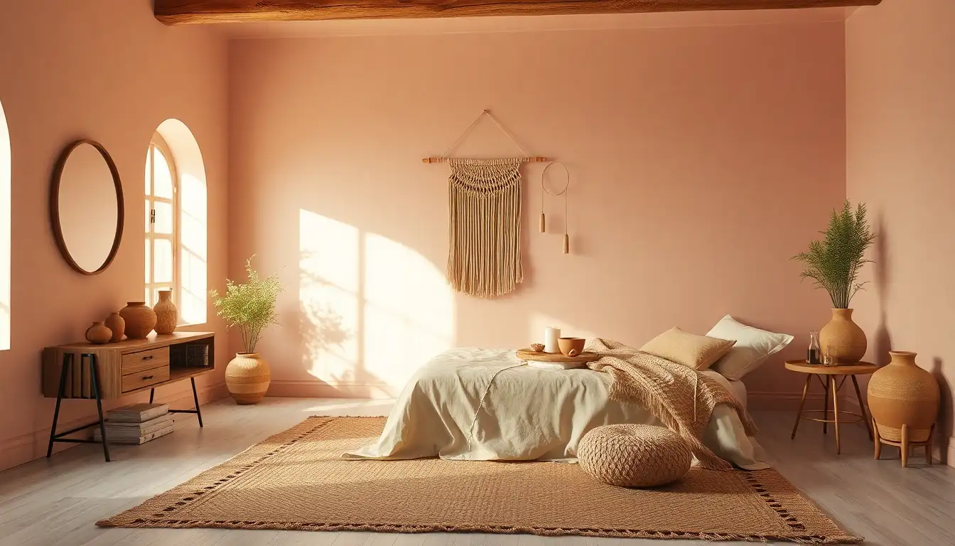 Boho bedroom with pink bedding and earthy terracotta wall decor
