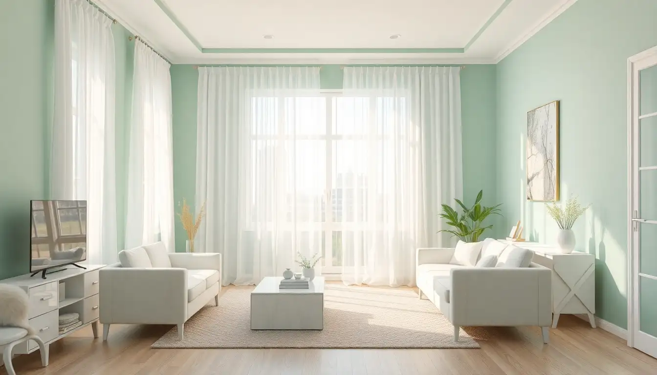 Bright mint green bedroom with white furniture and airy curtains