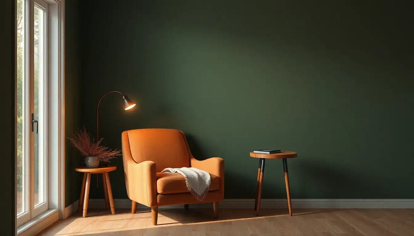 Brown velvet chair against a forest green wall in a reading nook.