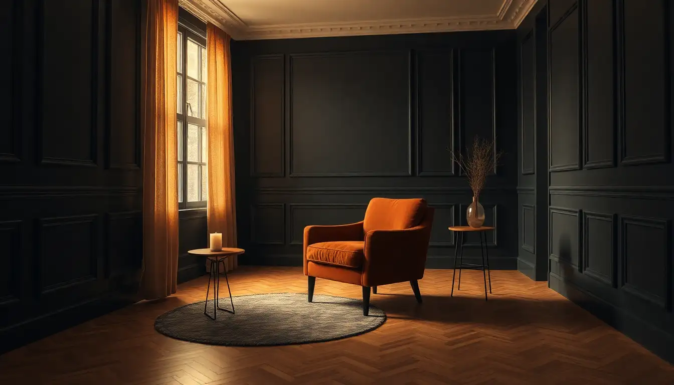Luxury Velvet Seating Brown velvet chair against black walls for luxury room aesthetic