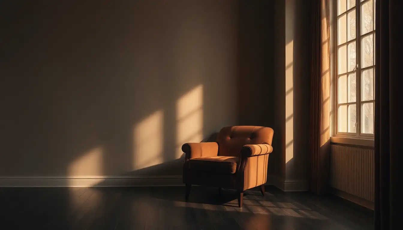 Brown velvet chair in a dark corner.