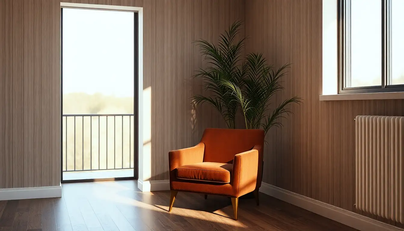 Brown velvet chair in a moody room next to a tall olive tree