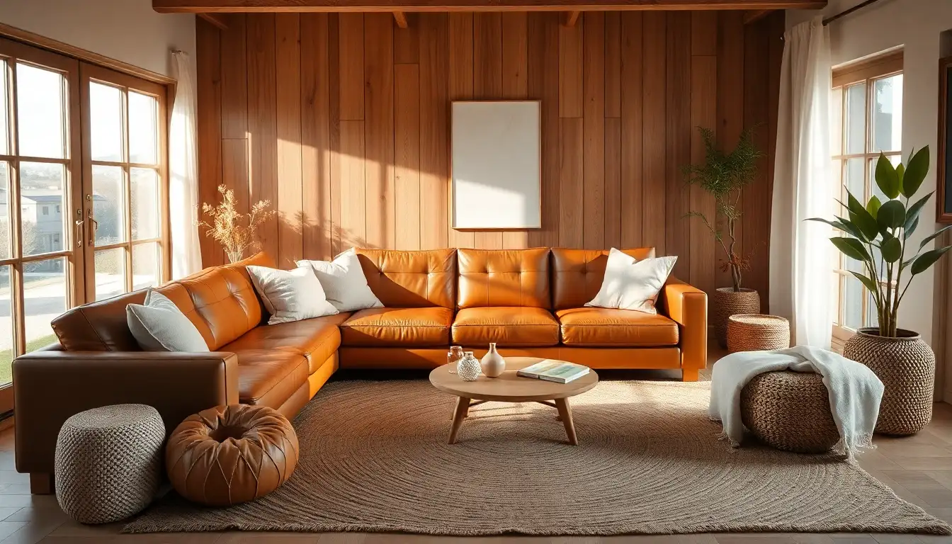 Leather and Linen Combo Caramel leather sofa with tan linen pillows and a natural jute rug