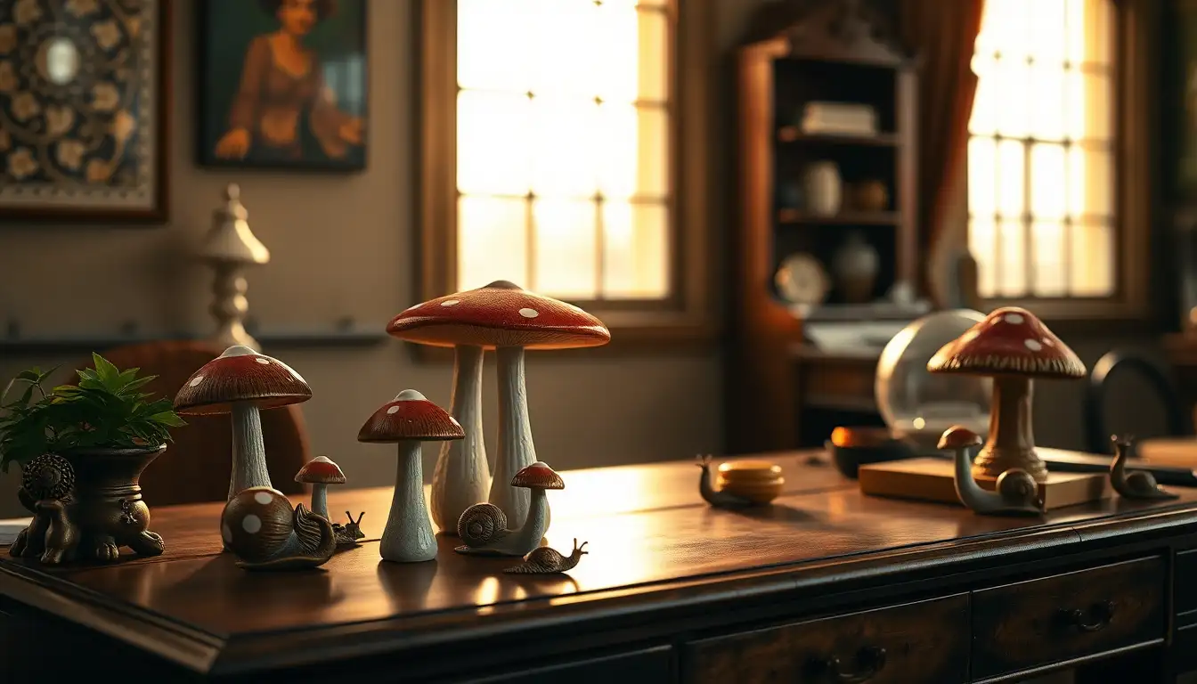 Ceramic mushrooms and small brass forest animals on a dark wood desk.