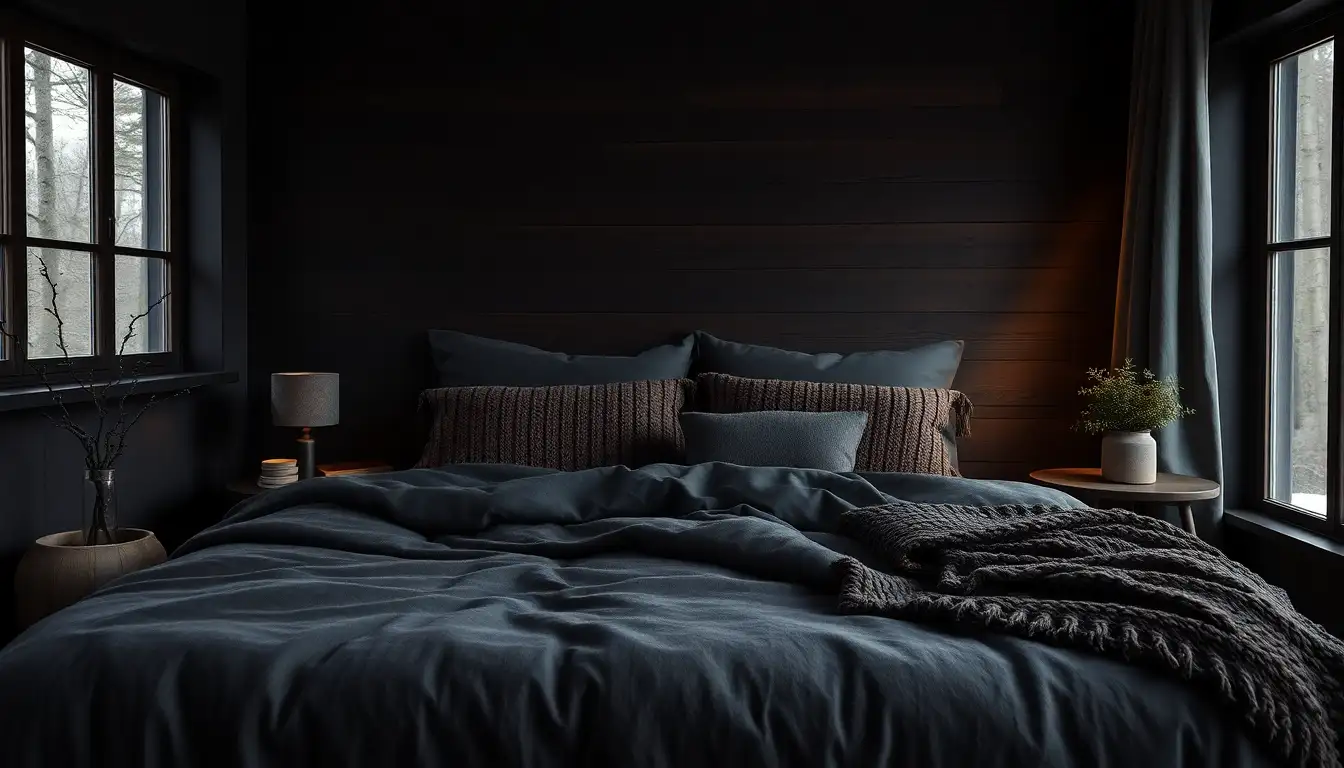 Charcoal and brown earthy bedding with chunky knit blankets