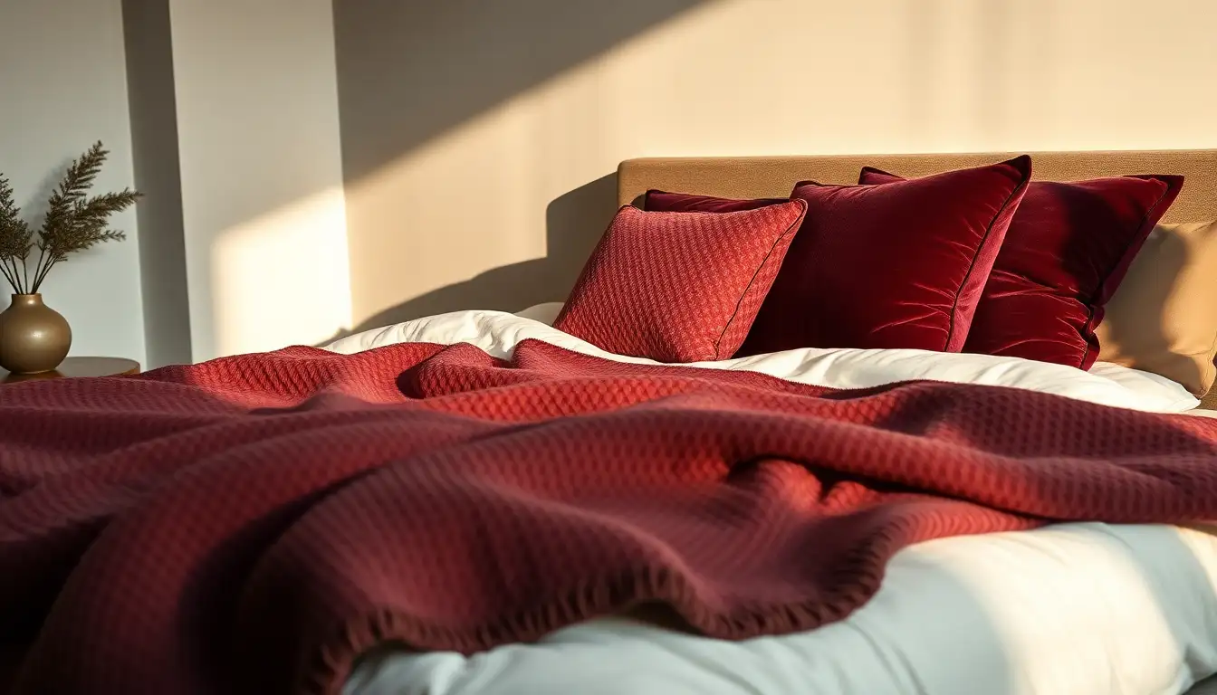 Velvet and Heavy Textiles Close up of a bed with burgundy velvet pillows and a waffle throw blanket