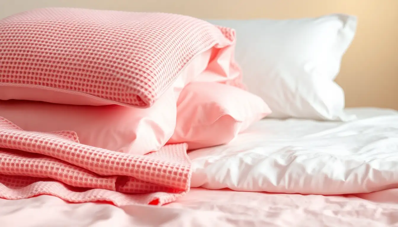 Close up of layered pink bedding with different textures and fabrics