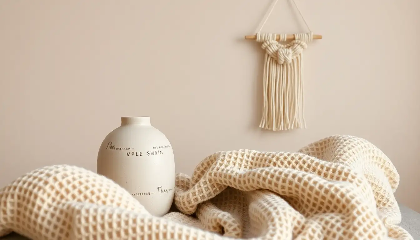 Close up of pastel room decor items including a vase and macrame hanging.