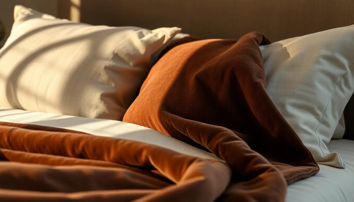 Close up of velvet and linen textiles on a bed