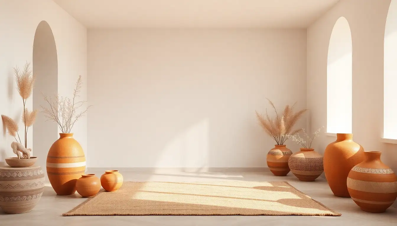 Earthy Ceramic Decor Collection of terracotta and sand colored ceramic vases on a shelf