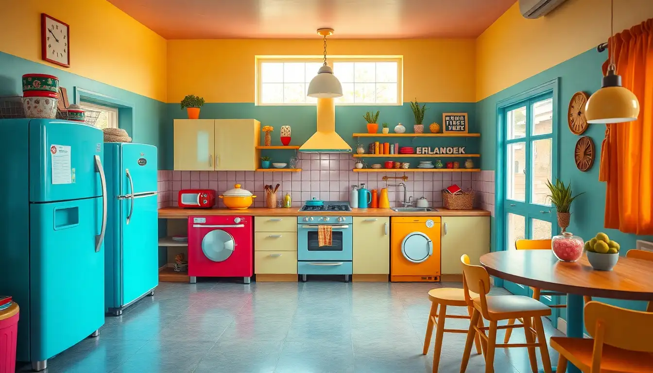 Colorful kitchen in kidcore style with retro appliances