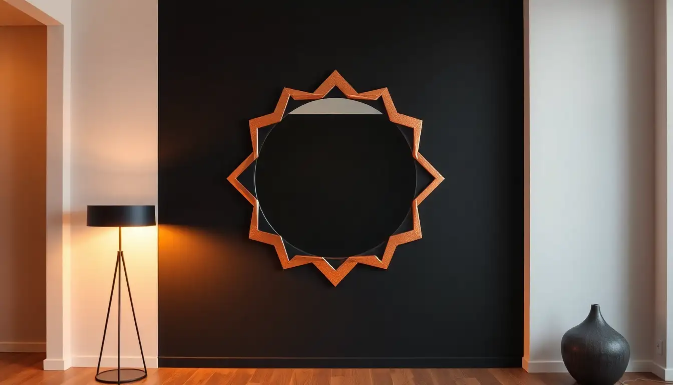Copper mirror on a black wall.