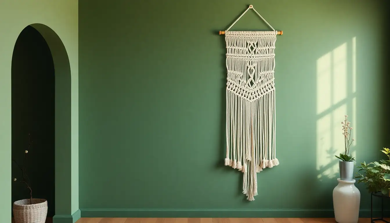 Cotton macram&eacute; wall hanging on a forest green wall.
