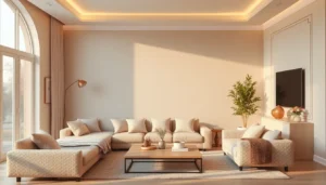 Cozy beige living room with boucle textures and evening light
