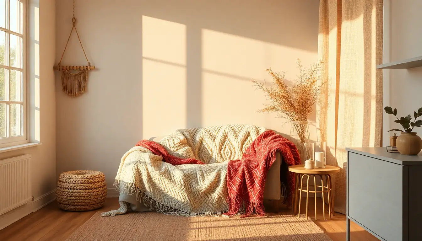 Cozy corner with handmade woven throw blanket.