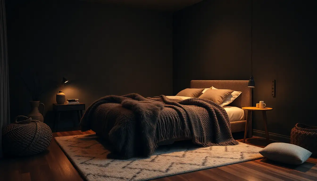 Textured Cozy Bedroom Cozy dark bedroom with faux fur and knitted throws