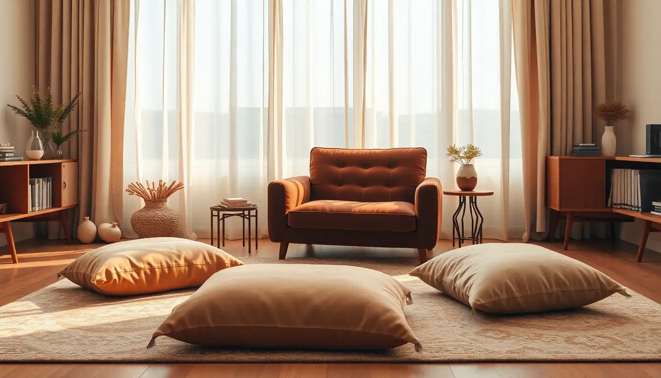 Cozy floor seating area with velvet chair and cushions