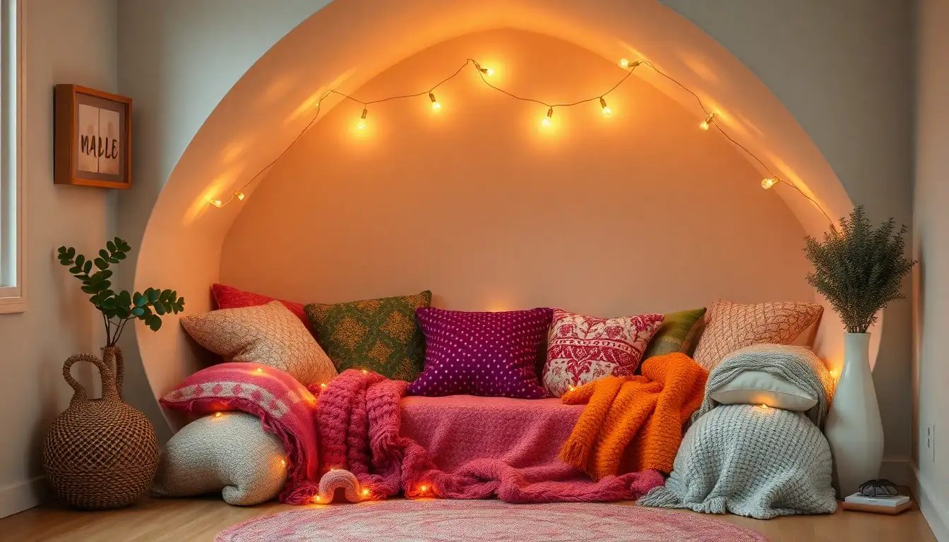 Cozy reading nook with colorful throws and textured cushions
