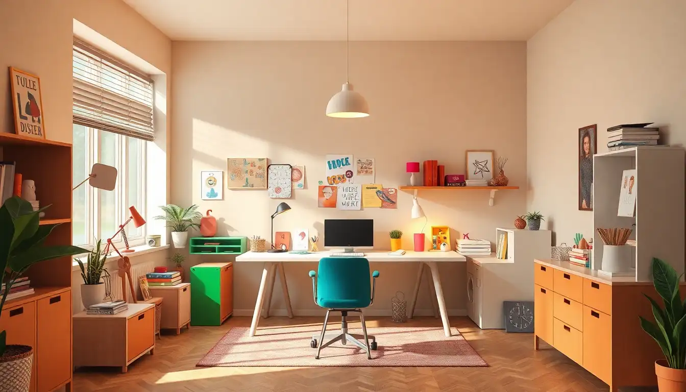 Creative workspace with vibrant decor and quirky furniture
