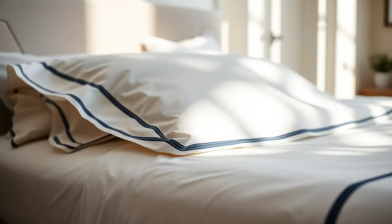 Crisp white hotel style sheets on a bed with blue accents.