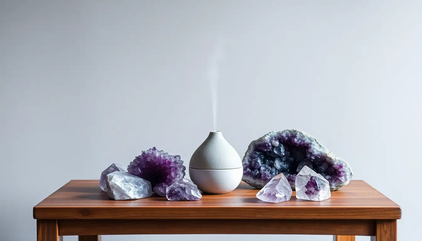 Crystals and an oil diffuser on a small wooden table