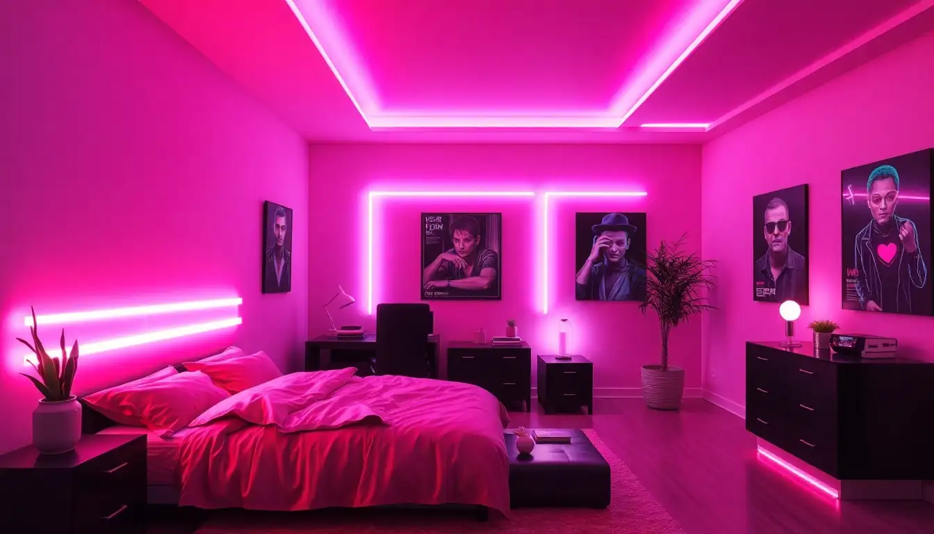 Cyberpunk bedroom with pink neon LED lights and dark modern furniture