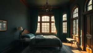 Dark academia bedroom with deep charcoal walls and velvet curtains in a moody scholarly style