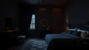 Dark aesthetic bedroom with velvet and vintage lights