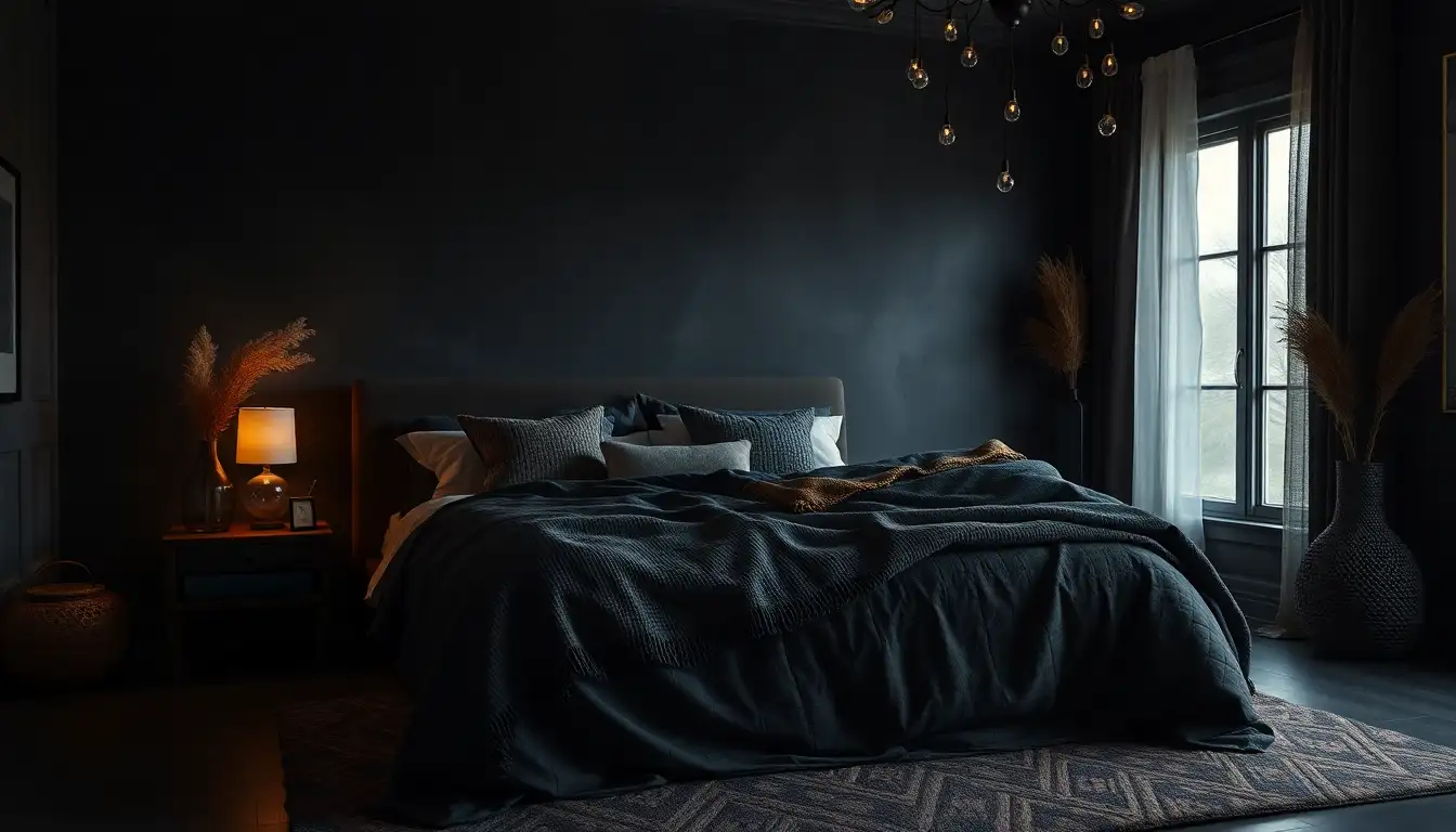 Layered Textiles Masterpiece Dark bedroom with layered textiles and pillows