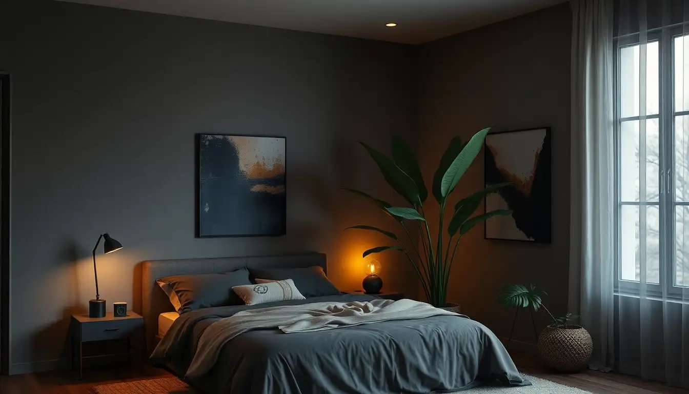 Artistic Dark Corner Dark bedroom with oversized plant and art